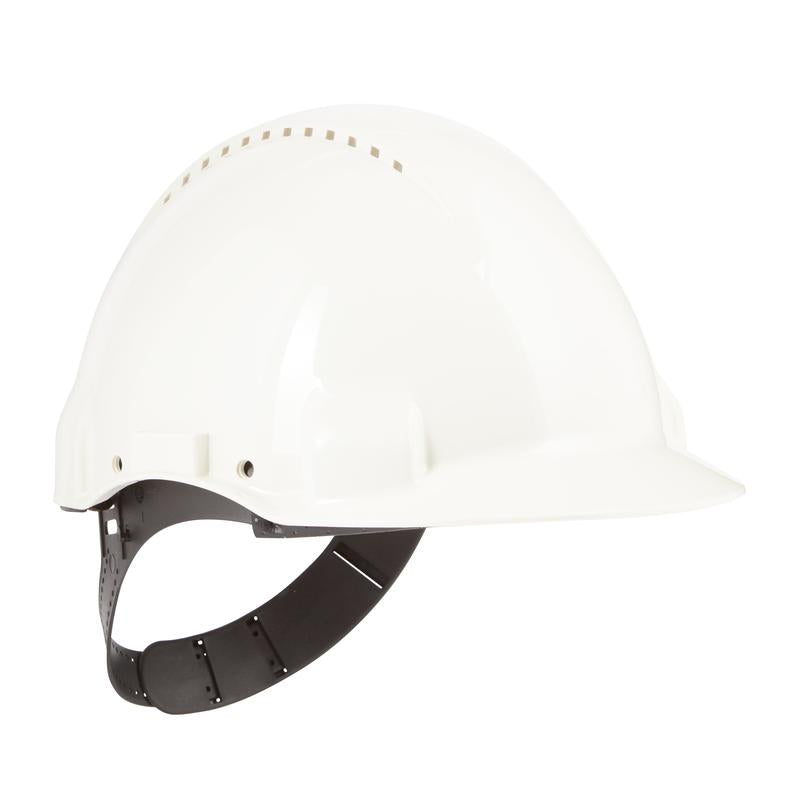 The 3M™ G3000C Uvicator safety helmet from 3M Deutschland GmbH is a white construction helmet with a black, adjustable strap and ratchet adjustment, designed for optimal occupational safety, depicted on a plain white background.