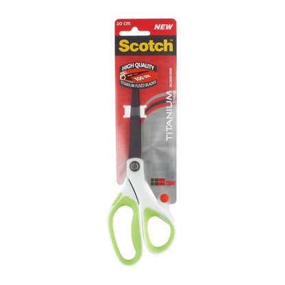 A pair of Scotch™ titanium scissors, 20 cm, from 3M Deutschland GmbH, in white and green, packaged on a red-gray card with the words "NEW" and "HIGH QUALITY", with partially visible titanium-coated blades.