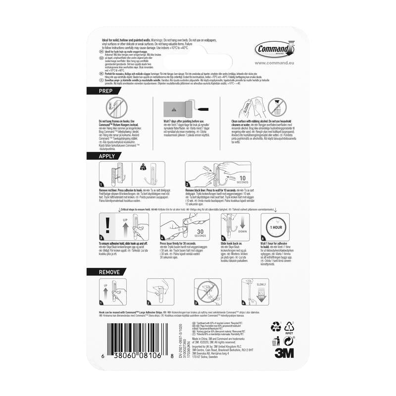 Backside of a Command™ Large Bathroom Double Hook Satin Nickel 36FGN (1 Hook, 2 large strips) by 3M Deutschland GmbH: step-by-step illustrated instructions for use and removal, warnings, and product details - ideal for easy organization in the bathroom.