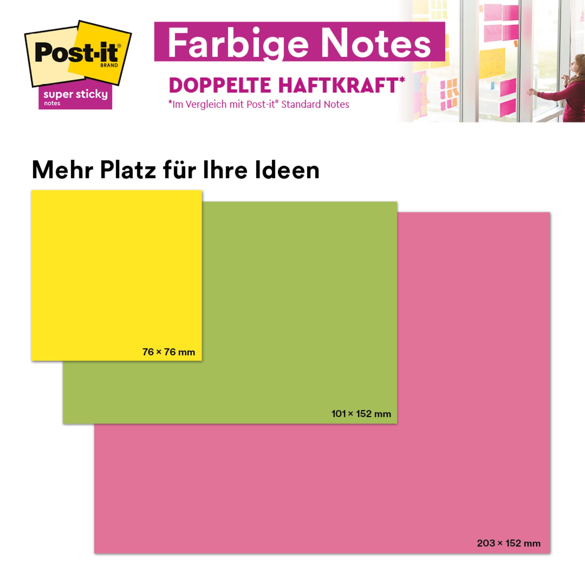 Ein Werbebild für die Post-it® Super Sticky Meeting Notes (203 mm x 153 mm, verschiedene Farben, 45 Blatt/Block, 6 Blöcke, 100% PEFC) der 3M Deutschland GmbH zeigt deren Vielseitigkeit und starken Klebstoff auf einem Fenster.