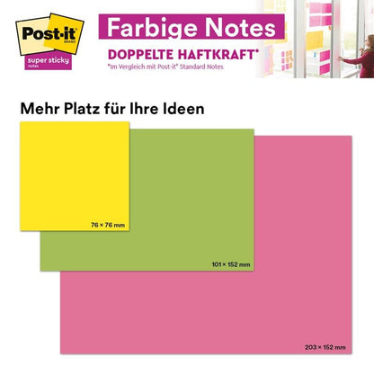 Compare three PEFC-certified Post-it® Super Sticky Meeting Notes from 3M in neon colors (yellow 76x76mm, green 101x152mm, pink 203x152mm), while someone sticks a large neon sticky note (203x152mm) to a glass wall.