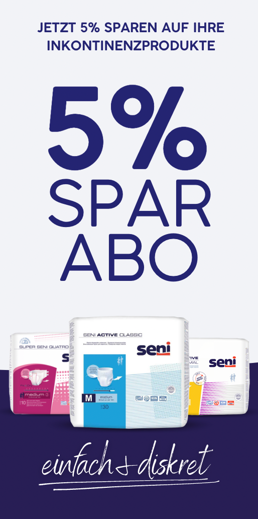 Ein Werbebild für Inkontinenzprodukte von Seni mit dem Text „5 % SPARABO“, was „5 % SPAREN IM ABONNEMENT“ bedeutet. Das Bild zeigt drei verschiedene Packungen mit Inkontinenzprodukten von Seni. Der zusätzliche Text lautet „einfach & diskret“.