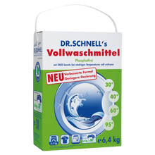 Eine 6,4 kg-Packung DR.SCHNELL GmbH & Co. KGaA's DR.SCHNELL'S VOLLWASCHMITTEL Waschmittel mit Griff, in grün-weißer Verpackung mit blauen Akzenten, geeignet für 30°C bis 95°C professionelle Reinigung.