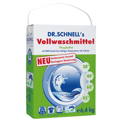 Eine 6,4 kg-Packung DR.SCHNELL GmbH & Co. KGaA's DR.SCHNELL'S VOLLWASCHMITTEL Waschmittel mit Griff, in grün-weißer Verpackung mit blauen Akzenten, geeignet für 30°C bis 95°C professionelle Reinigung.