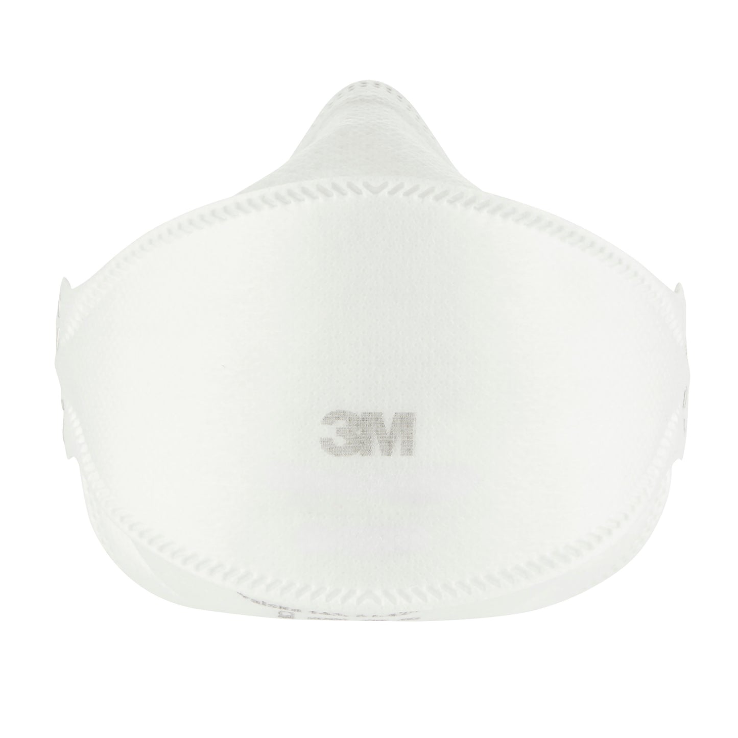 Die Vorderansicht der 3M™ Aura™ Komfort-Partikelmaske 9320+, FFP2, ohne Ventil (5er Packung) von 3M Deutschland GmbH zeigt das geschwungene Design, die abgesteppten Kanten und das zentrale 3M Logo.