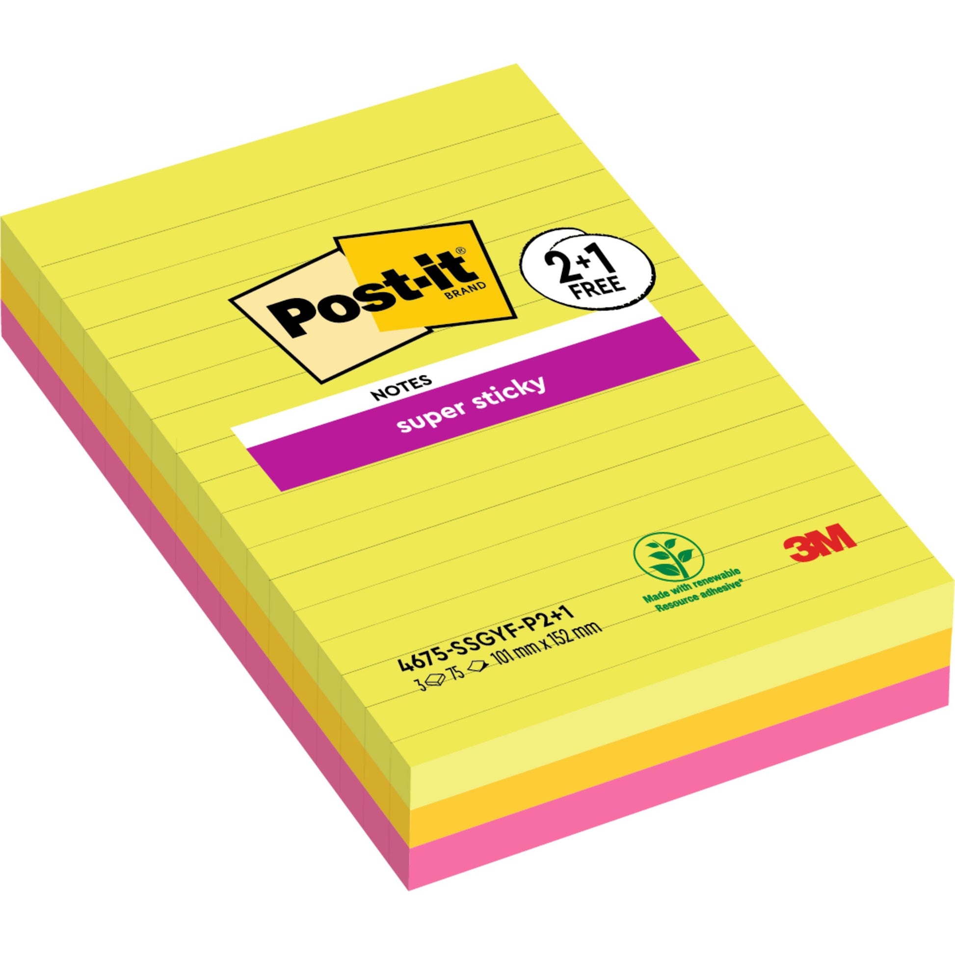 Die Post-it® Super Sticky Notes im Großformat von 3M Deutschland GmbH enthalten 3 linierte Blöcke in verschiedenen Farben (101x152 mm, 75 Blatt/Block), sind 100% PEFC-zertifiziert und kommen als "2+1 GRATIS"-Packung.