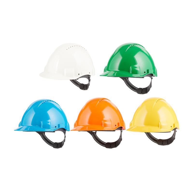Five 3M™ G3000C Uvicator safety helmets from 3M Deutschland GmbH in white, green, blue, orange, and yellow are depicted on a white background. Each helmet features a chin strap and ventilation holes on the top for added comfort.