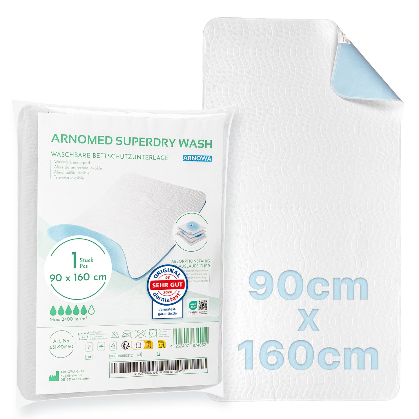 Die ARNOMED SUPERDRY WASH Bettschutzunterlage (ARNOWA GmbH), 90x160 cm, mit Superdry-Technologie und blauem Rücken ist verpackt und entfaltet abgebildet. Die Verpackung zeigt Details zu Inkontinenz sowie Icons für Saugfähigkeit und Größe.