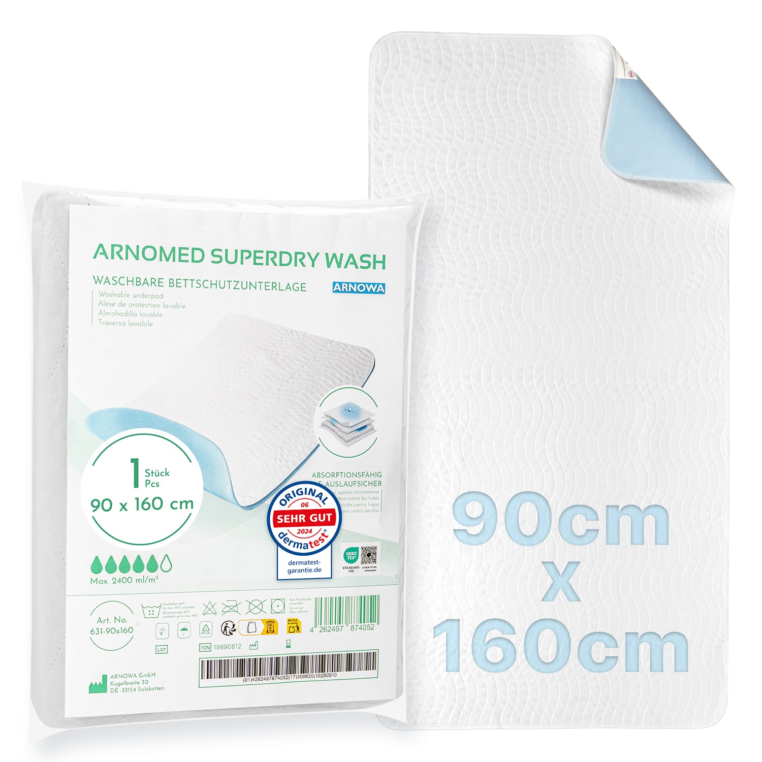 Die ARNOMED SUPERDRY WASH Bettschutzunterlage (ARNOWA GmbH), 90x160 cm, mit Superdry-Technologie und blauem Rücken ist verpackt und entfaltet abgebildet. Die Verpackung zeigt Details zu Inkontinenz sowie Icons für Saugfähigkeit und Größe.