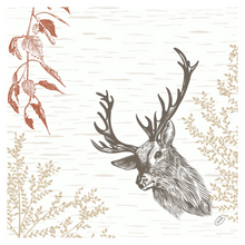 A deer with large antlers, similar to the Duni Bio Dunisoft® napkin 40 x 40 cm Wood & Deer by Duni GmbH, is placed on a neutral background. Stylized brown and orange leaves enrich the design of the eco-friendly disposable napkin and give it a decorative motif reminiscent of nature.