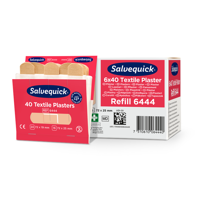 Eine geöffnete Schachtel Orkla Wound Care AB Textilgips, 40 stk./Nachfüllung liegt neben einer geschlossenen Packung (6 Stück), in der mehrere beige Pflaster zur Wundversorgung sichtbar sind.