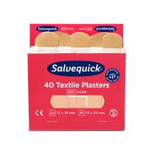 Eine geöffnete rote Orkla Wound Care AB Textilgips-Schachtel (40 stk./Nachfüllung, 6 Stück) zeigt innen beige Pflaster und auf der Vorderseite Größen, Produktinformationen und Zertifizierungssymbole.