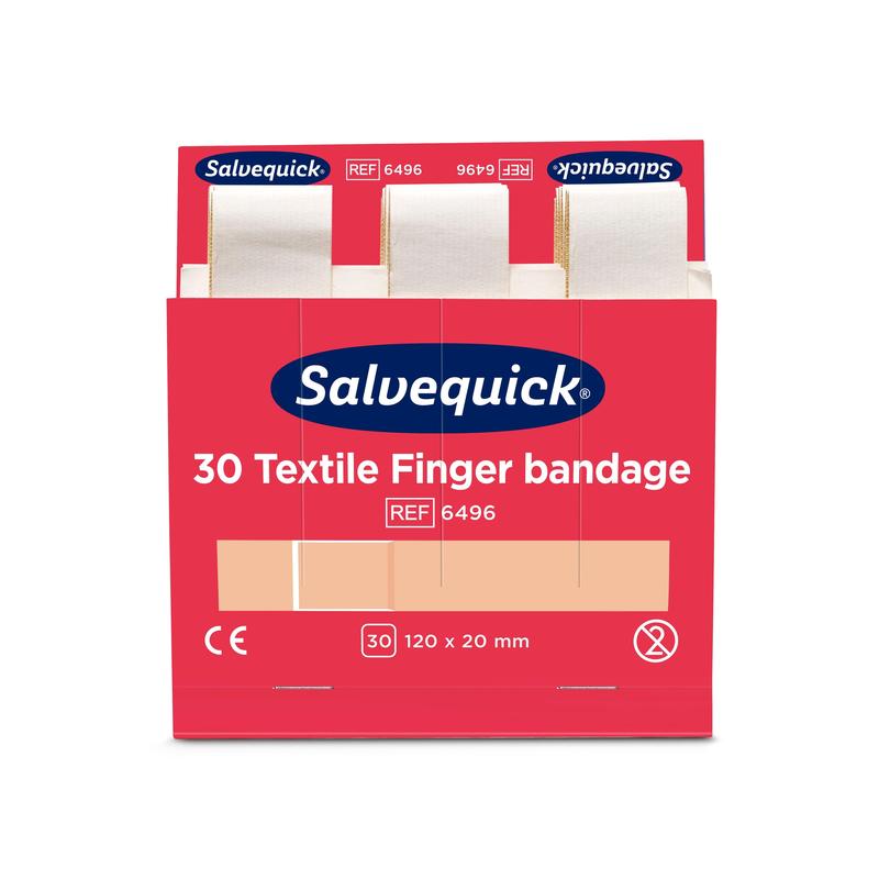 On a red box from Orkla Wound Care AB with the label "Textile finger bandage, 120 x 20 mm, 30 pcs/refill" (pack of 6 pieces), three beige bandages are partially visible at the top.