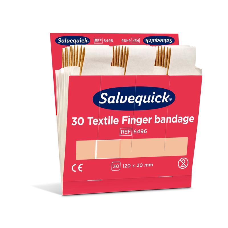 An opened red box from Orkla Wound Care AB with the label "Textile finger bandage, 120 x 20 mm, 30 pcs/refill | Pack (6 pieces)" shows beige bandages inside. The packaging displays size information and various product symbols.
