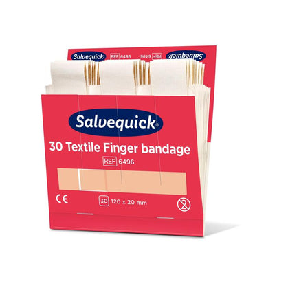 A pack of Orkla Wound Care AB Textile Finger Bandage, 120 x 20 mm, 30 pcs/refill (pack of 6 pieces), shows several beige bandages and product information on the box.