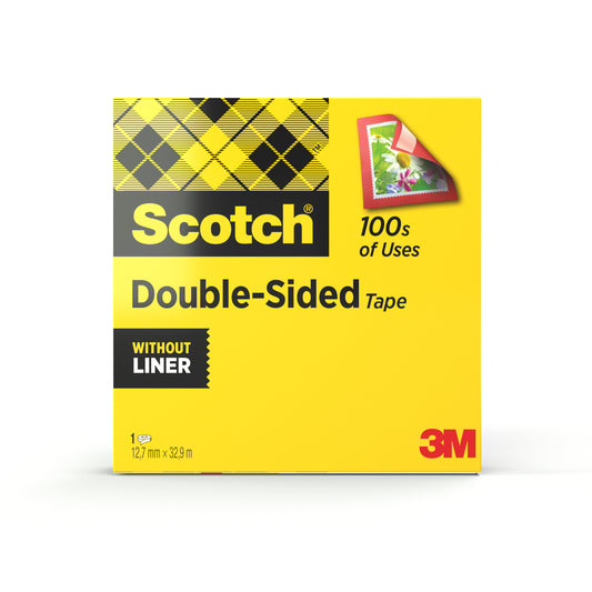 Eine gelbe Schachtel Scotch® doppelseitiges Klebeband von 3M Deutschland GmbH (1 Rolle, 12 mm x 33 m) zeigt ein kariertes Muster, ein Foto, das geklebt wird, und den Text "100s of uses". Rechts unten ist das 3M-Logo zu sehen.
