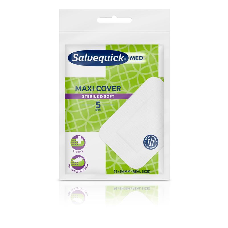 Pictured is a pack of Salvequick Maxi Dressing 76x54 mm wound dressings from Orkla Wound Care AB. The green and white box contains 5 sterile, soft wound dressings and shows product information as well as an image of the wound dressing on the front.