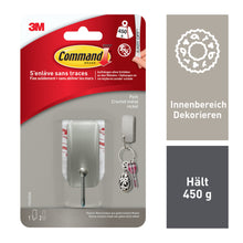 Die Verpackung des kleinen Command™ Metallhakens in gebürstetem Nickel (17033) von 3M Deutschland GmbH zeigt 1 Haken, 2 Streifen, Anwendungstipps und betont starken Halt bis 450 g - ideal zum Dekorieren im Innenbereich.