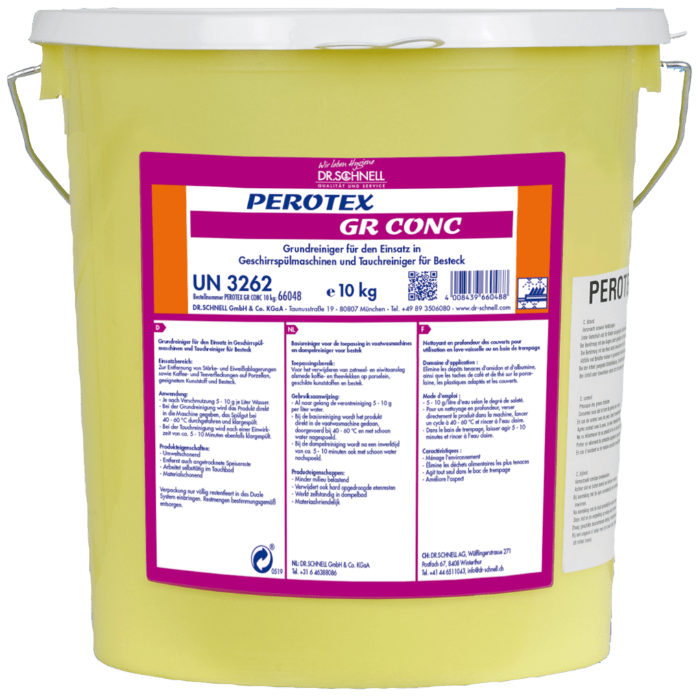 10 kg yellow plastic bucket with DR.SCHNELL PEROTEX GR CONC, a highly alkaline dishwashing detergent for commercial dishwashers, labeled in German with product information and barcode. Ideal for large kitchens.