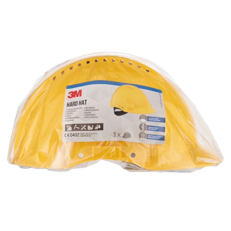 A yellow 3M™ G3000C Uvicator safety helmet (3M Deutschland GmbH), sealed in transparent plastic with a label featuring safety certifications, Uvicator sensor information, key features, and a photo of the safety helmet on the front.