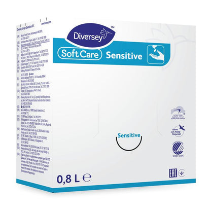 A 0.8-liter box of Soft Care Sensitive hand soap from Diversey Deutschland GmbH & Co. OHG in blue-white packaging, ideal for sensitive skin. Multilingual product information and certification logos are displayed on the front.
