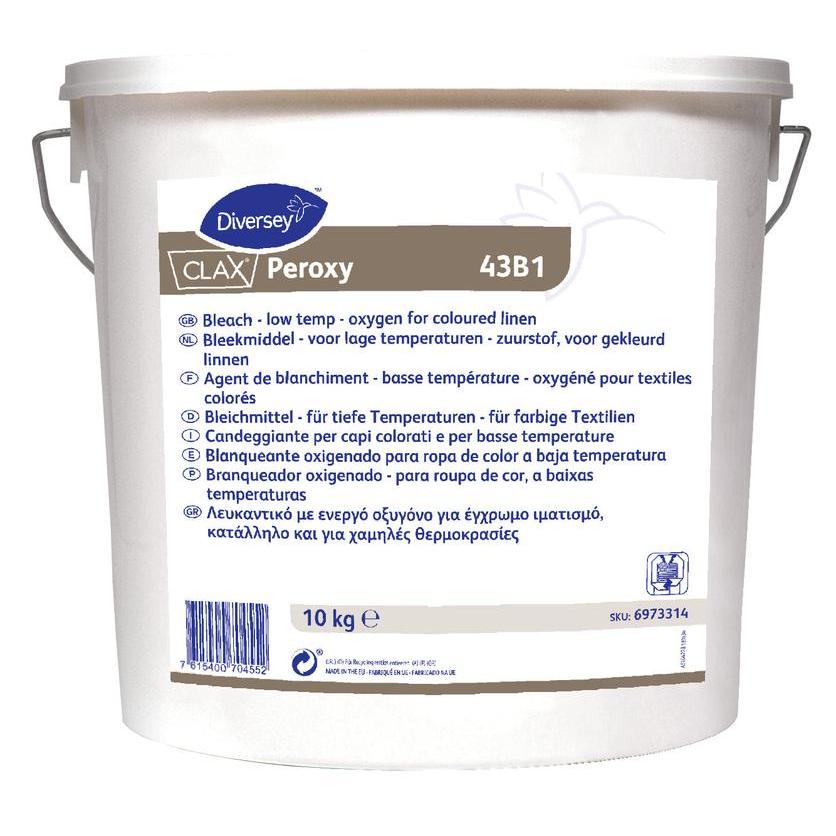 A 10 kg white bucket of Clax Peroxy bleach from Diversey Deutschland GmbH & Co. OHG, oxygen-based for colored laundry at low temperatures, multilingual label and symbols, gray handle.