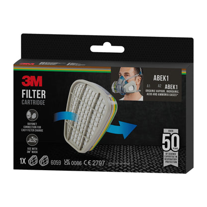 Eine rechteckige Schachtel der 3M™ Filterpatrone 6059, ABEK1-Kombinationsfilter (1 Paar/Packung) von 3M Deutschland GmbH, entwickelt für Atemschutzmasken und Schutz gegen verschiedene Gase und Dämpfe mit über 50 Jahren Erfahrung.