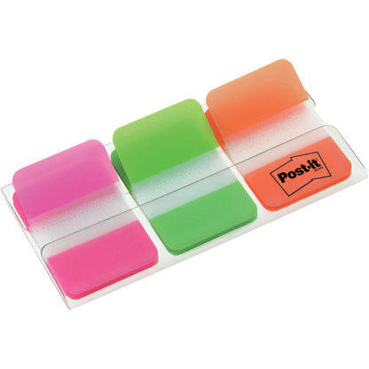 A clear plastic dispenser from 3M Deutschland GmbH holds 66 Post-it® Index Strong Filing Tabs (25.4 x 38.1 mm) in various colors, with the Post-it logo visible on the holder.