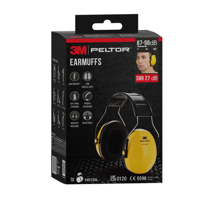 Pictured is a box of 3M™ PELTOR™ Optime™ I Ear Muffs H510A (SNR 27 dB, yellow, 1 piece) from 3M Deutschland GmbH. The packaging highlights the lightweight design and adjustable headband; a user photo is also visible.