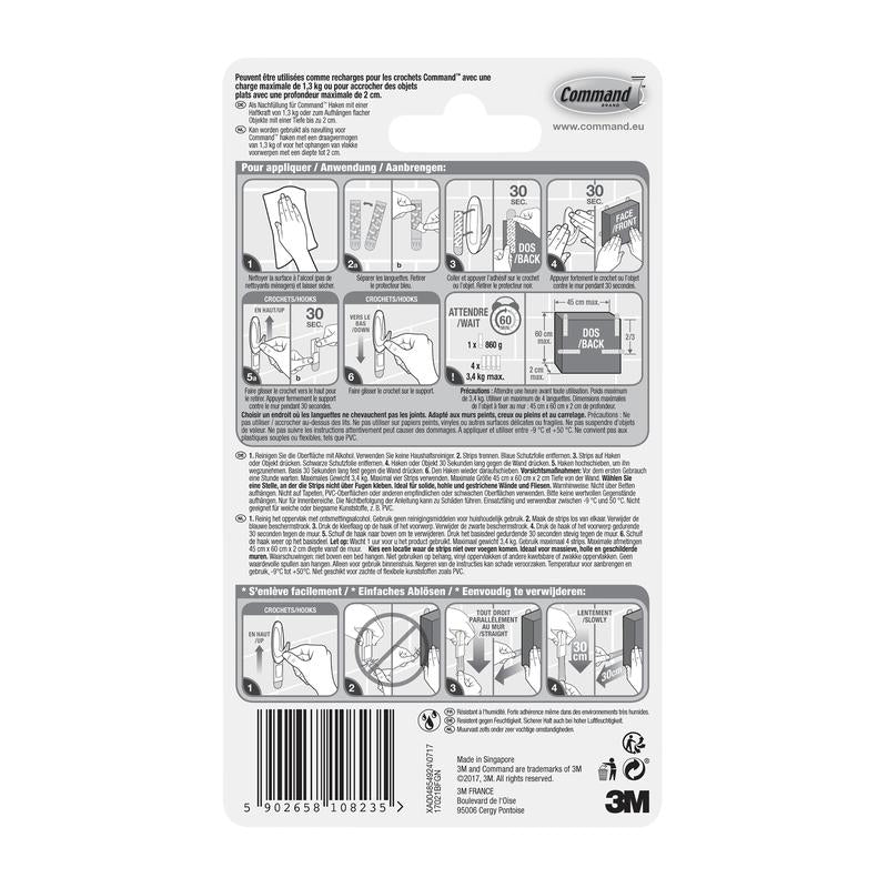 The Command™ Strips 17021B, waterproof (Size M, 10/pack) from 3M Deutschland GmbH feature illustrated application instructions, safety instructions, multilingual text, barcode, and the 3M logo - ideal for mounting without drilling in the bathroom.