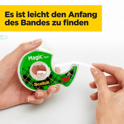 A person uses a green handheld dispenser with Scotch® Magic™ Invisible Tape (19 mm x 25 m, 1 roll + 5 m FREE) by 3M Deutschland GmbH. On a yellow box it says: "It's easy to find the tape's starting point."