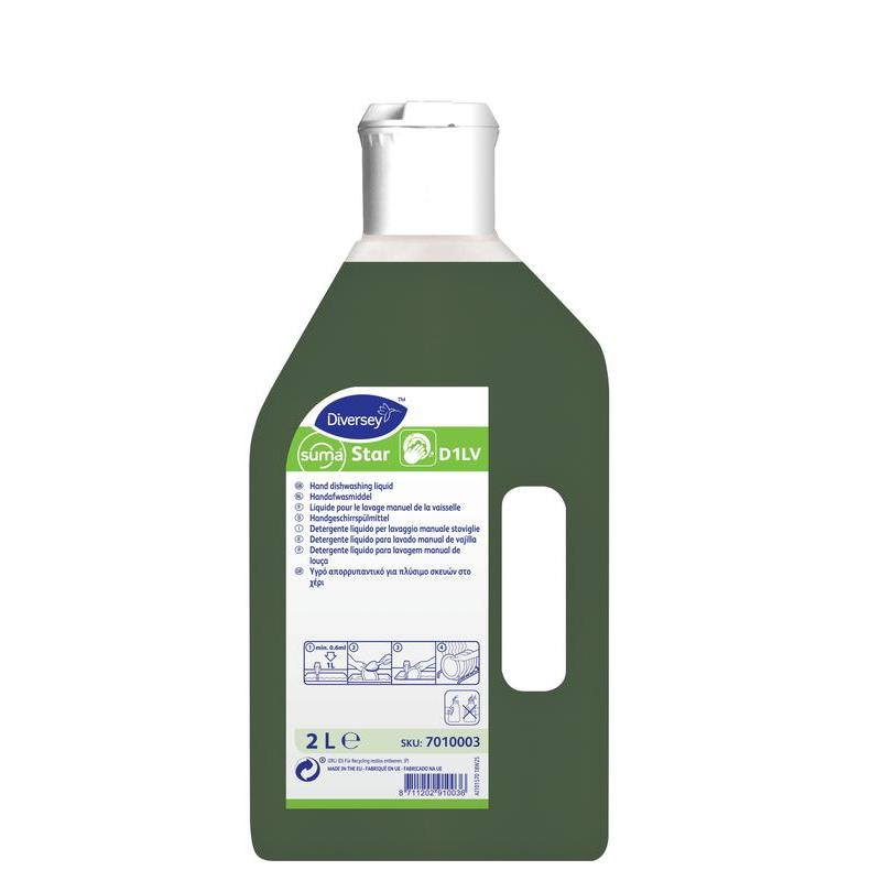 A 2-liter bottle of Suma Star D1, liquid neutral manual dishwashing detergent from Diversey Deutschland GmbH & Co. OHG features a white cap, green liquid, and a label with instructions for thorough cleaning.