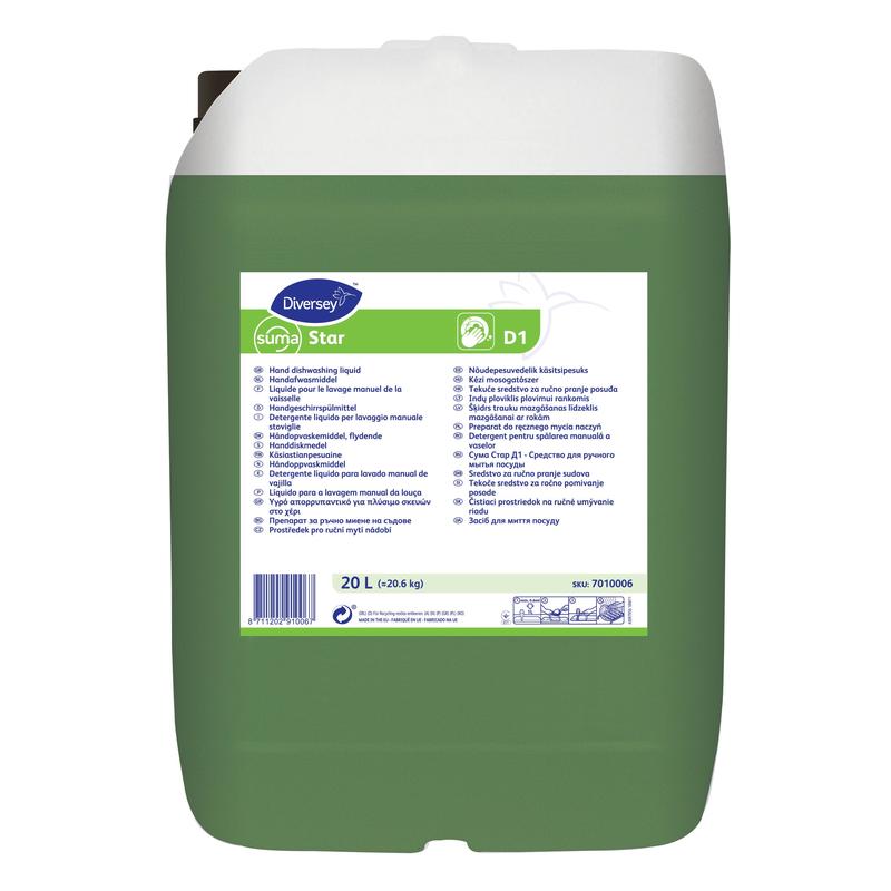 A 20-liter container made of green plastic with Suma Star D1, liquid neutral manual dishwashing detergent from Diversey Deutschland GmbH & Co. OHG, with a white label containing product details and multilingual instructions for thorough cleaning.
