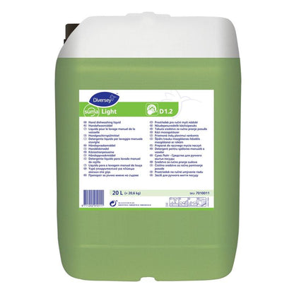 A rectangular 20-liter container with Suma Light D1.2 hand dishwashing detergent from Diversey Deutschland GmbH & Co. OHG has a green body, a white lid, and a label that describes effective grease and dirt removal for clean dishes in multiple languages.