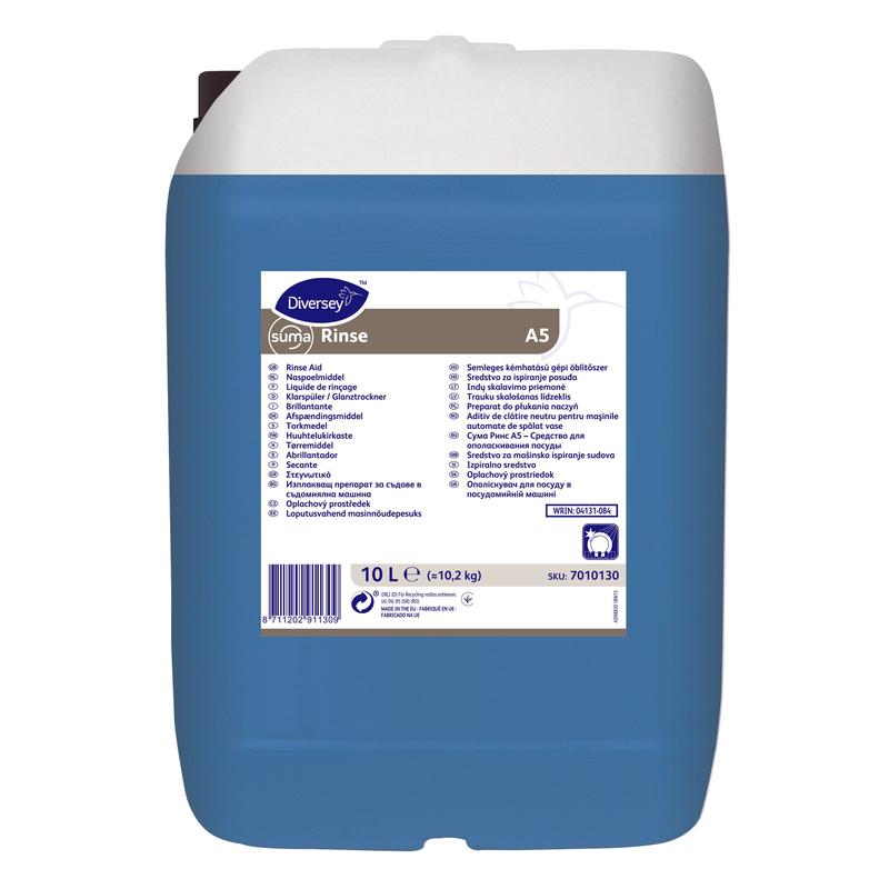 A blue 10-liter plastic container with a white lid and the label "Suma Rinse A5 – Neutral Rinse Aid" from Diversey Deutschland GmbH & Co. OHG contains product information, instructions, and a barcode for streak-free results and to prevent lime scale deposits.