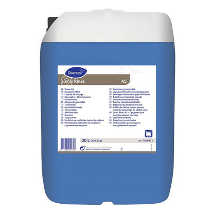 A 20-liter container made of blue plastic with Suma Rinse A5 – Neutral Rinse Aid from Diversey Deutschland GmbH & Co. OHG, with a white lid and a multilingual label for streak-free results and reduced lime scale deposits.