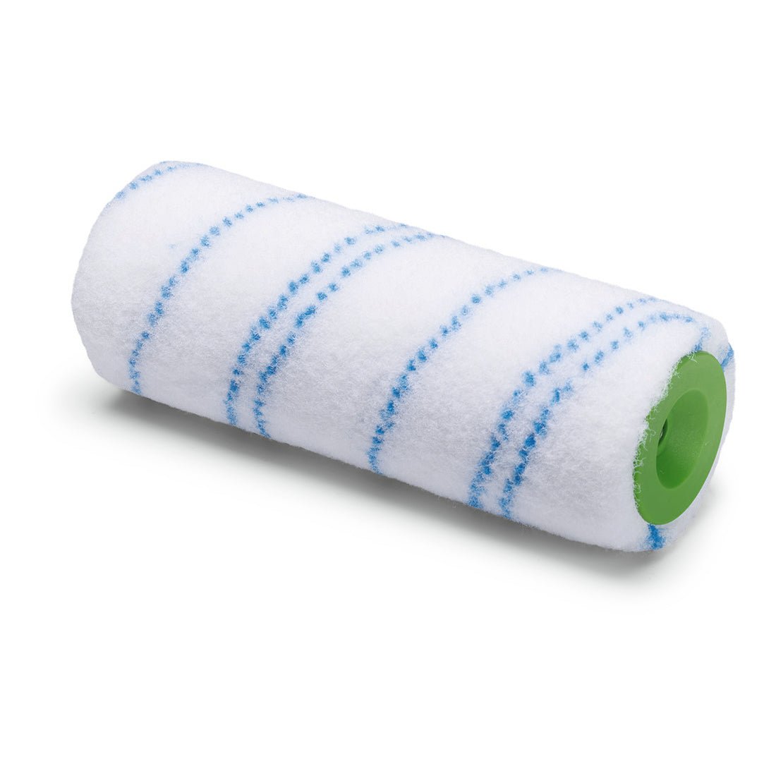 The Nölle Profi Brush paint roller nylon 18 cm, Ø 48 mm, 6 mm pile height from Nölle Profi Brush brush & paintbrush technology e.K. is depicted on a white background with blue stripes and a green core, designed for the best color results.