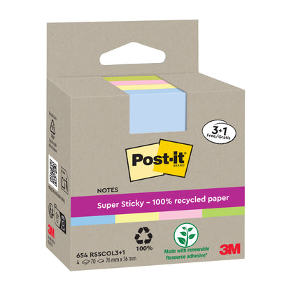 Eine Packung 3M Post-it® Super Sticky Recycling Notes, 76x76 mm, 70 Blatt/Block, aus 100% PEFC-zertifiziertem Recyclingpapier, pastellfarben. Werbeaktion: 3 kaufen, 1 gratis. Mit erneuerbarem Klebstoff für starken Halt.