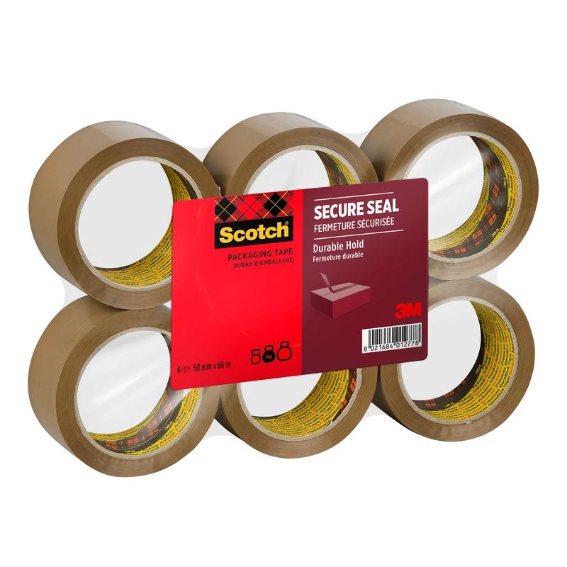 Six rolls of Scotch® packaging tape for a secure seal (50 mm x 66 m) from 3M Deutschland GmbH are wrapped in plastic and have a label on the front with the 3M logo and product information.