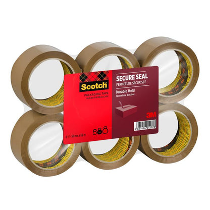 Six rolls of Scotch® packaging tape for a secure seal (50 mm x 66 m) from 3M Deutschland GmbH are wrapped in plastic and have a label on the front with the 3M logo and product information.