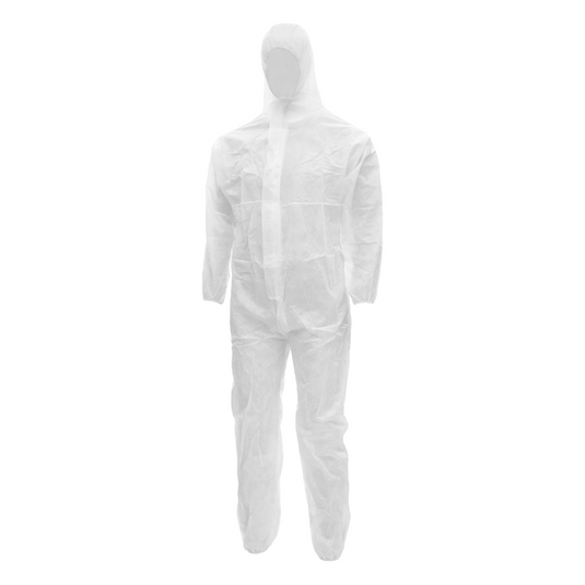 The NITRAS PP protective coverall from AS Arbeitsschutz GmbH is a white disposable suit made of breathable polypropylene. It features a hood, a front zipper, and elastic cuffs at the wrists and ankles, offering a sleek appearance without visible trademarks or logos.