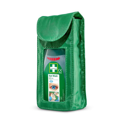 The Orkla Wound Care AB holster for Cederroth eye wash pouch model (ref 7221) is a green fabric bag with a transparent window where the eye wash bottle is visible. The pouch has a flap closure and includes instructions in English and another language.