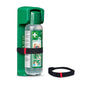 A green, wall-mounted eye wash station contains a Cederroth eye wash bottle 500 ml with illustrated instructions and an Orkla Wound Care AB strap for wall mounting; an additional strap (1 piece) is attached in front.