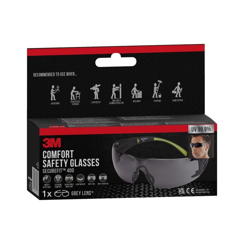 A box of 3M™ SecureFit™ Safety Glasses 400 from 3M Deutschland GmbH with gray lenses, with application recommendations in the form of symbols and a photo of a wearer on the packaging; provides UV protection up to 99.9%.