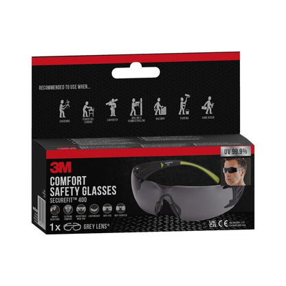 A box of 3M™ SecureFit™ Safety Glasses 400 from 3M Deutschland GmbH with gray lenses, with application recommendations in the form of symbols and a photo of a wearer on the packaging; provides UV protection up to 99.9%.