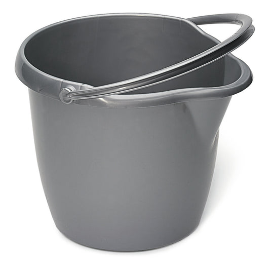 Der Nölle Profi Brush Haushaltseimer mit Ausguss, 12 Liter, silber Kunststoff, von Nölle Profi Brush Bürsten- & Pinseltechnik e.K., verfügt über einen Metallgriff, eine abgerundete Form und einen seitlichen Ausguss - ideal für praktische Aufgaben im Haushalt.