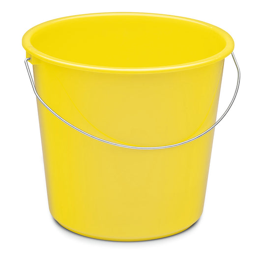 Der Nölle Profi Brush Haushaltseimer 10 Liter Kunststoff von Nölle Profi Brush Bürsten- & Pinseltechnik e.K. ist aufrecht und leer abgebildet. Er hat einen leuchtend gelben Körper und einen silbernen Metallgriff vor einem schlichten weißen Hintergrund.