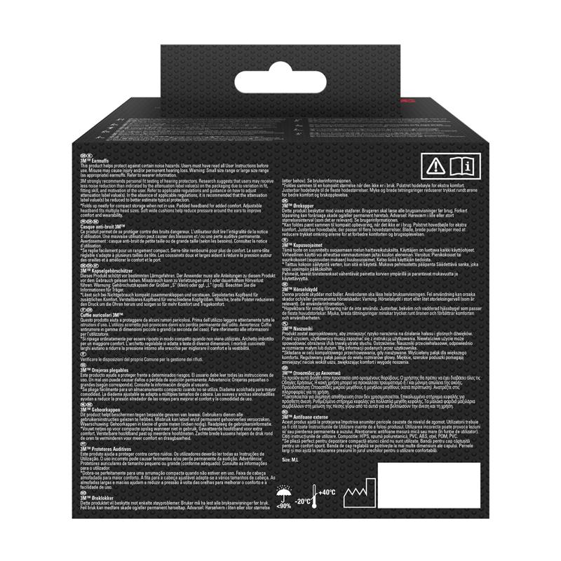 The image shows the back of a black 3M™ capsule hearing protector with foldable headband 90563E box (SNR 30 dB, 1 piece, from 3M Deutschland GmbH) with multilingual white text, warning symbols, and temperature range graphics.