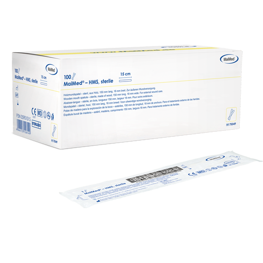 MaiMed - HMS sterile wooden mouth depressor, 15cm long, 100x1 pcs. sterile packed | Box (100 pieces)