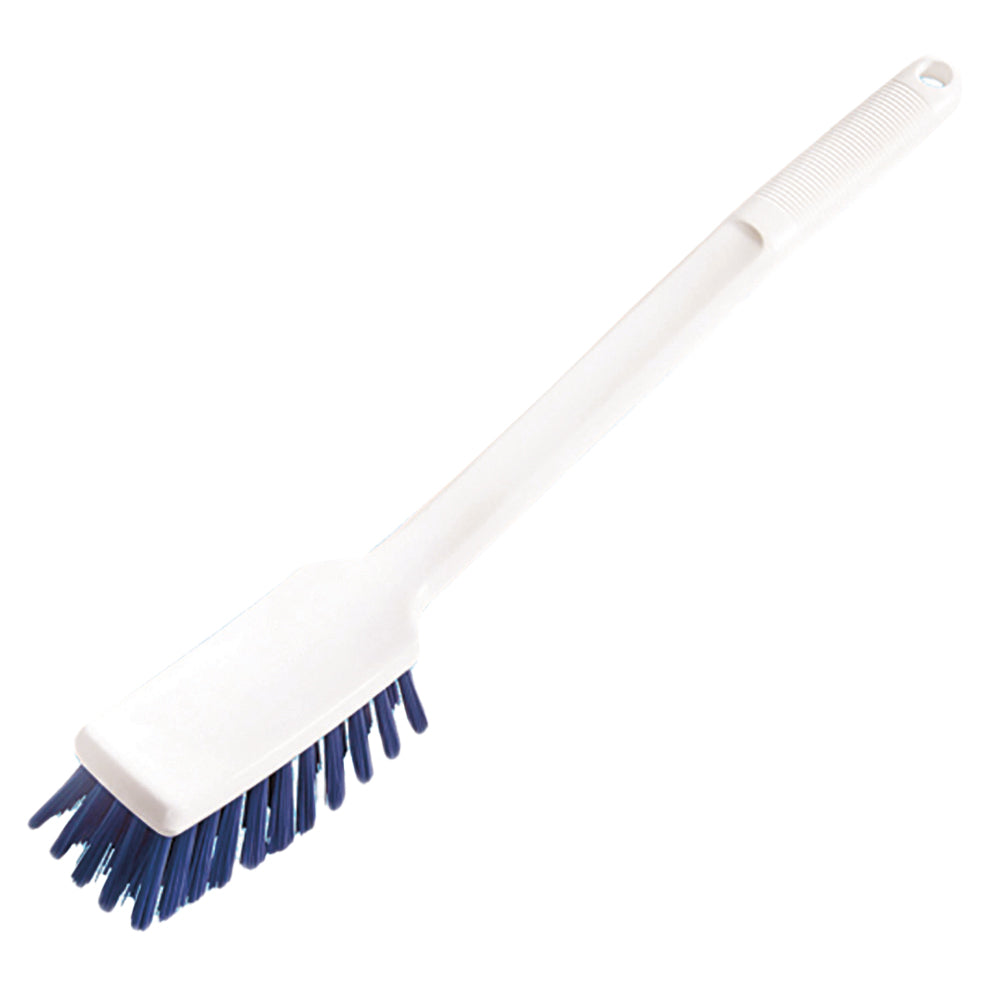 The handle brush 400x48x35 mm, hard from Diversey Deutschland GmbH & Co. OHG features a white handle and stiff, blue, angled bristles for scrubbing, depicted isolated on a white background.